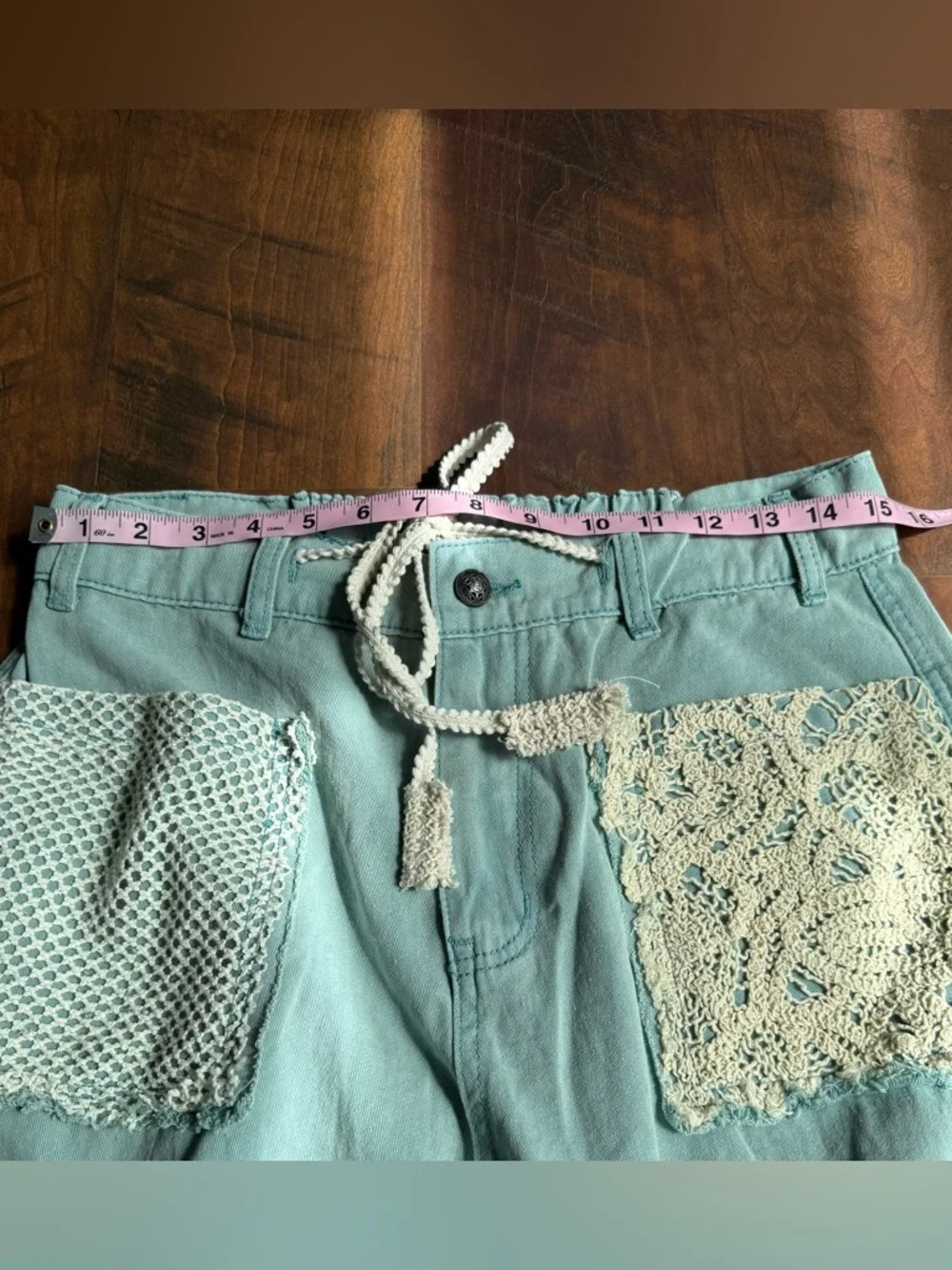 POL Mint Green Distressed Cargo Joggers with Crochet Patchwork Women Small - Picture 5 of 9